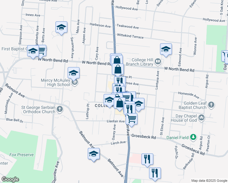 map of restaurants, bars, coffee shops, grocery stores, and more near 1610 Marlowe Avenue in Cincinnati