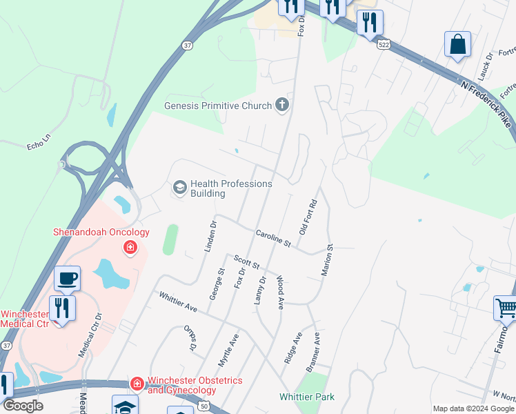 map of restaurants, bars, coffee shops, grocery stores, and more near 525 Fox Drive in Winchester
