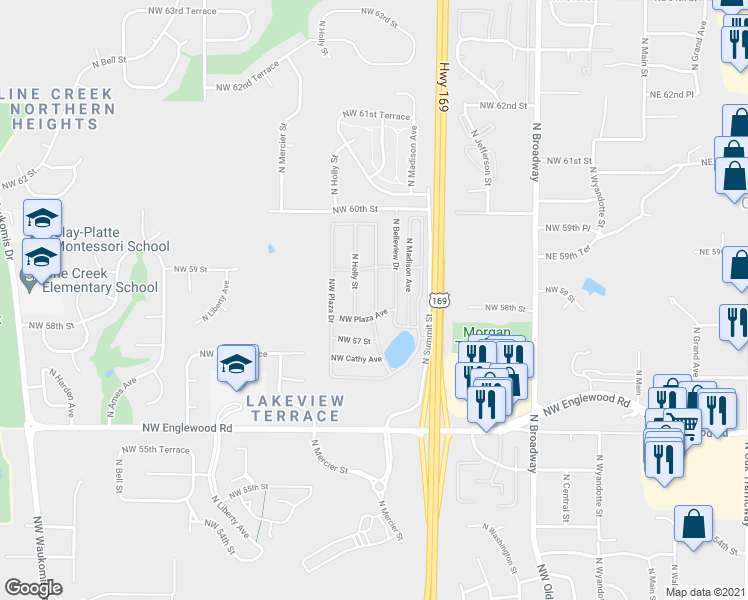 map of restaurants, bars, coffee shops, grocery stores, and more near 5800 North Madison Avenue in Kansas City