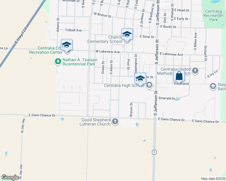 map of restaurants, bars, coffee shops, grocery stores, and more near 812 South Allen Street in Centralia