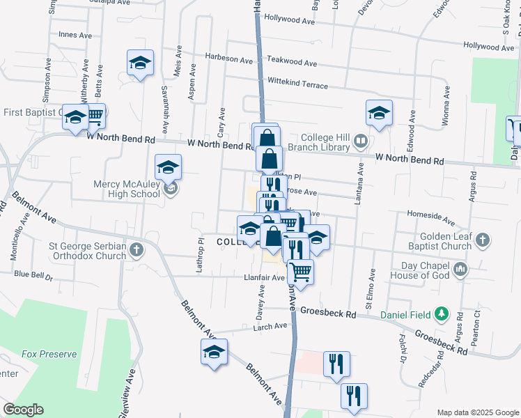 map of restaurants, bars, coffee shops, grocery stores, and more near 1610 Marlowe Avenue in Cincinnati