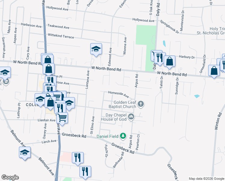 map of restaurants, bars, coffee shops, grocery stores, and more near 5945 Leffingwell Avenue in Cincinnati