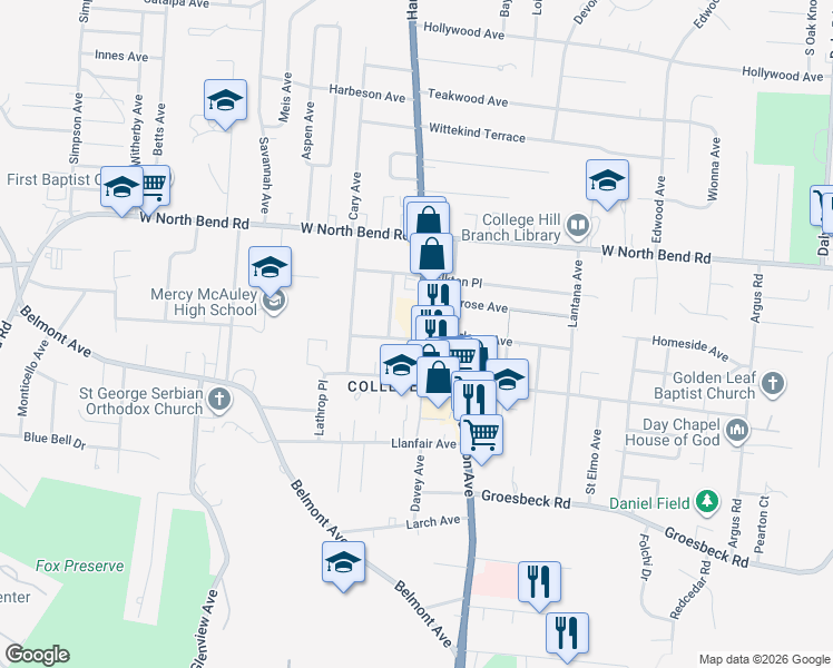 map of restaurants, bars, coffee shops, grocery stores, and more near 5919 Hamilton Avenue in Cincinnati