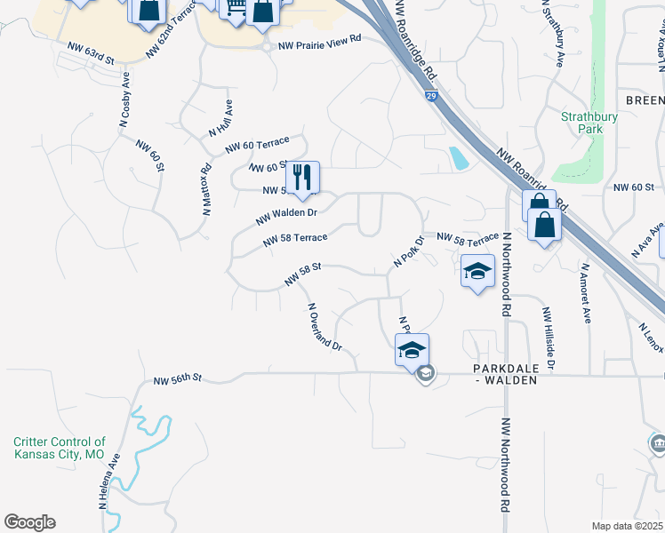 map of restaurants, bars, coffee shops, grocery stores, and more near 5102 Northwest 57th Place in Kansas City