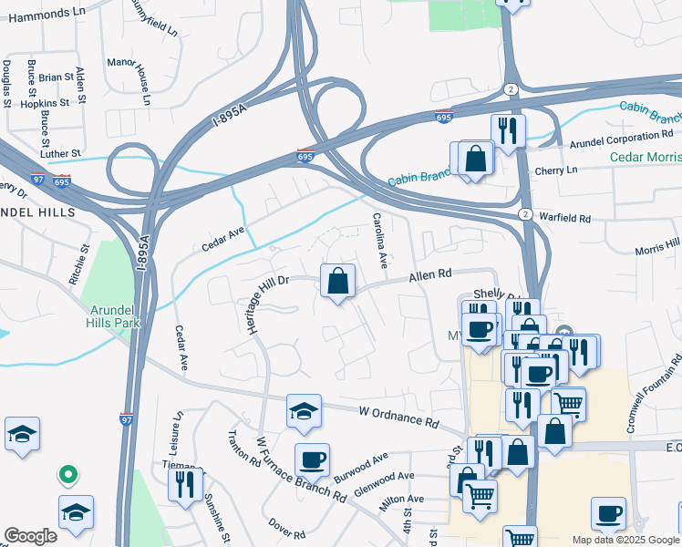 map of restaurants, bars, coffee shops, grocery stores, and more near 6480 Mount Vernon Lane in Glen Burnie