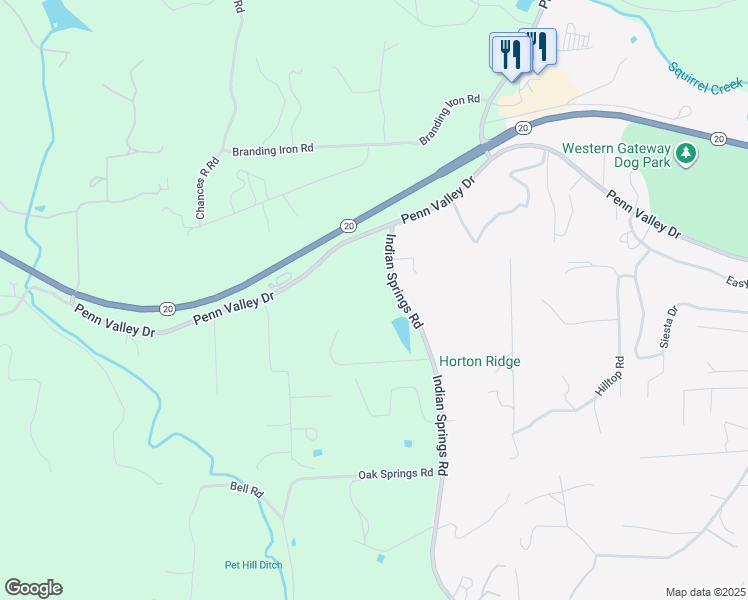 map of restaurants, bars, coffee shops, grocery stores, and more near 19181 Indian Springs Road in Penn Valley