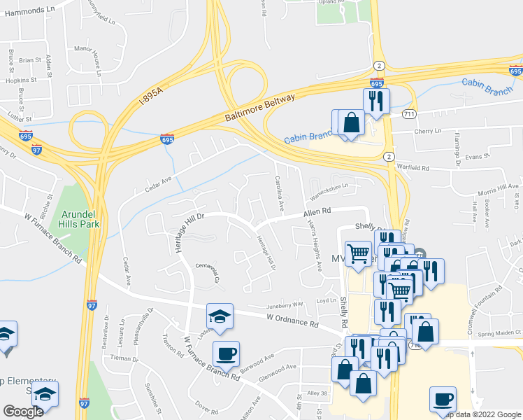 map of restaurants, bars, coffee shops, grocery stores, and more near 6411 Jefferson Place in Glen Burnie