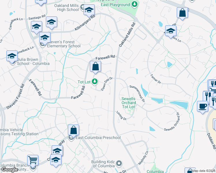 map of restaurants, bars, coffee shops, grocery stores, and more near 6248 Blue Dart Place in Columbia
