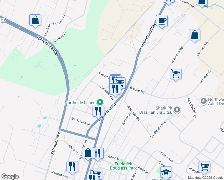 map of restaurants, bars, coffee shops, grocery stores, and more near 18 Jackson Avenue in Winchester
