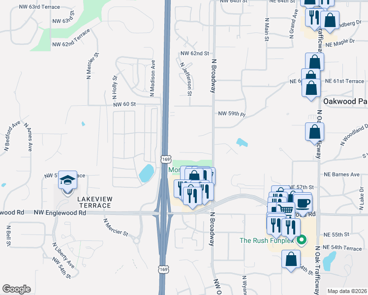 map of restaurants, bars, coffee shops, grocery stores, and more near 433 Northwest 58th Street in Kansas City