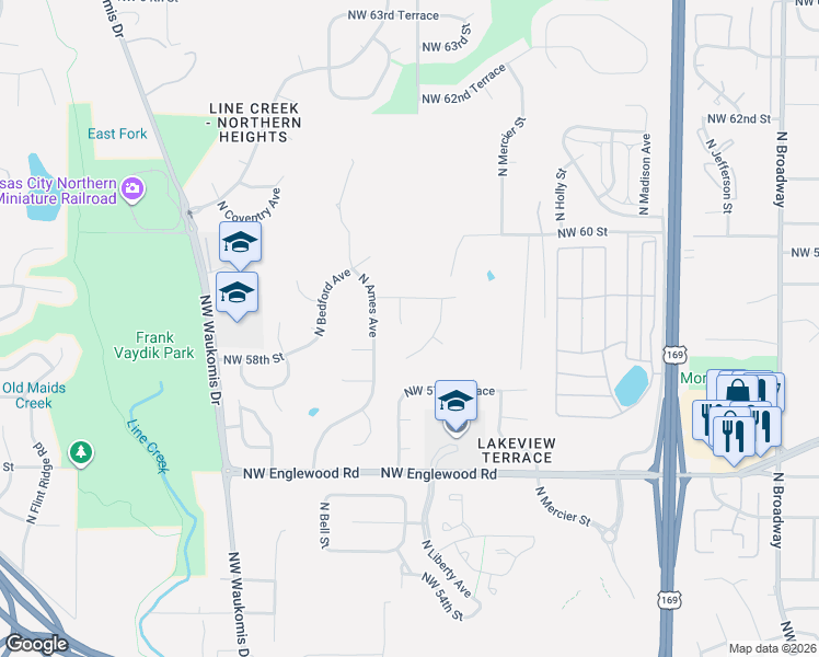 map of restaurants, bars, coffee shops, grocery stores, and more near 5704 North Liberty Avenue in Kansas City