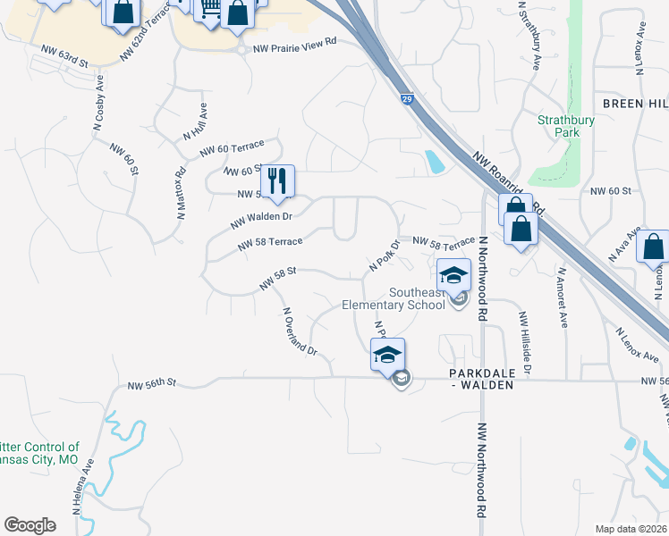 map of restaurants, bars, coffee shops, grocery stores, and more near 5005 Northwest 58 Street in Kansas City