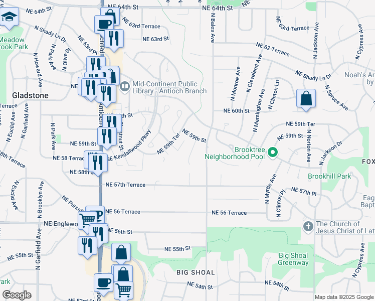 map of restaurants, bars, coffee shops, grocery stores, and more near 5811 North College Avenue in Kansas City