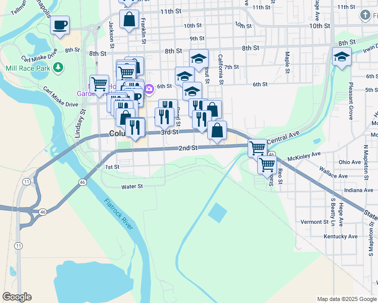 map of restaurants, bars, coffee shops, grocery stores, and more near 725 2nd Street in Columbus
