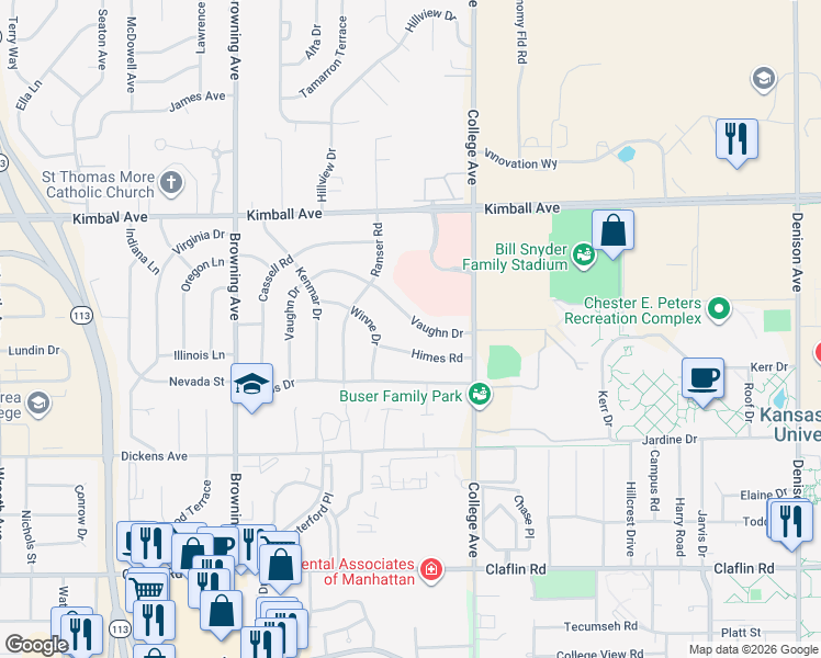 map of restaurants, bars, coffee shops, grocery stores, and more near 2438 Vaughn Drive in Manhattan
