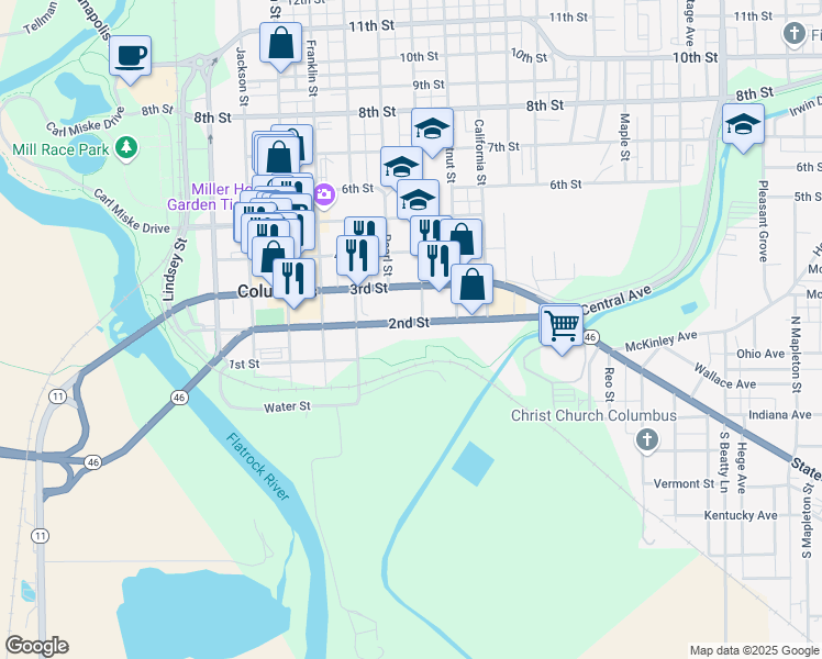 map of restaurants, bars, coffee shops, grocery stores, and more near 725 2nd Street in Columbus
