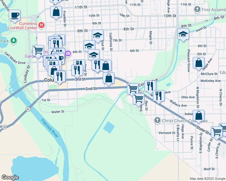 map of restaurants, bars, coffee shops, grocery stores, and more near 201-299 Vollmer Street in Columbus