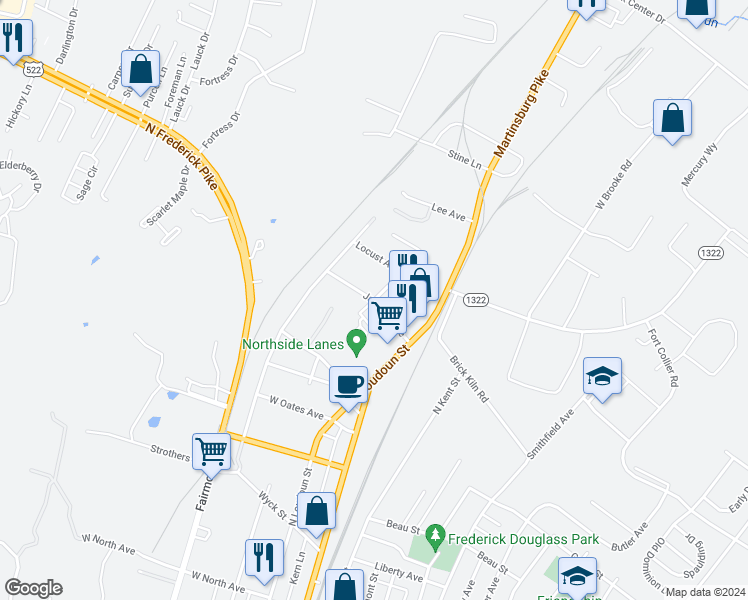 map of restaurants, bars, coffee shops, grocery stores, and more near 100 Jackson Avenue in Winchester