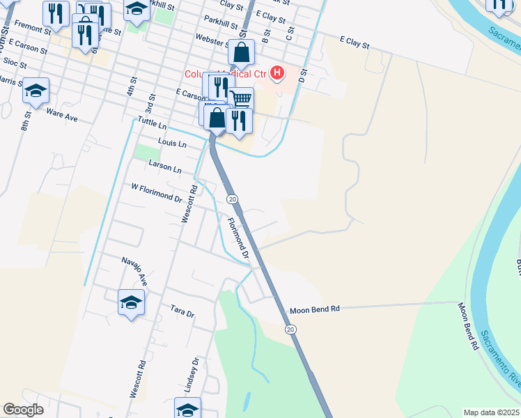 map of restaurants, bars, coffee shops, grocery stores, and more near 1747 State Highway 20 in Colusa