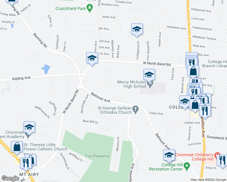 map of restaurants, bars, coffee shops, grocery stores, and more near 6017 Pawnee Drive in Cincinnati