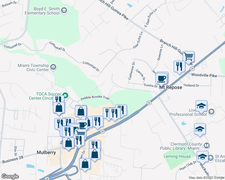 map of restaurants, bars, coffee shops, grocery stores, and more near 1288 Pebble Brooke Trail in Milford