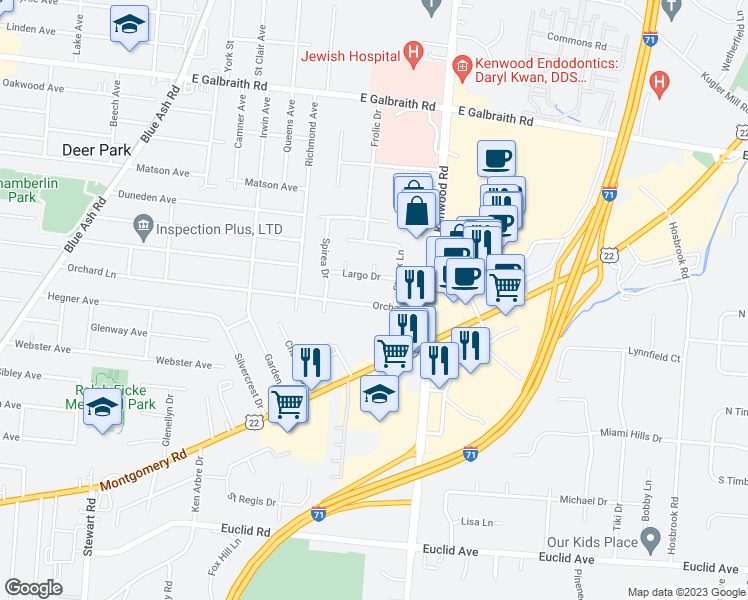 map of restaurants, bars, coffee shops, grocery stores, and more near 4688 Orchard Lane in Cincinnati
