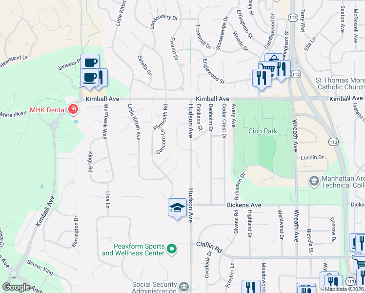 map of restaurants, bars, coffee shops, grocery stores, and more near 1919 Crescent Drive in Manhattan