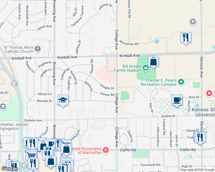 map of restaurants, bars, coffee shops, grocery stores, and more near 2438 Vaughn Drive in Manhattan