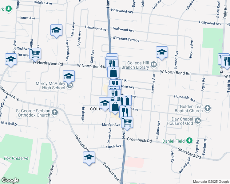 map of restaurants, bars, coffee shops, grocery stores, and more near 6034 Hamilton Avenue in Cincinnati