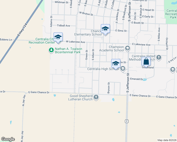 map of restaurants, bars, coffee shops, grocery stores, and more near 721 Green St in Centralia