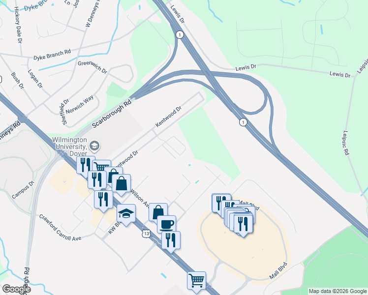 map of restaurants, bars, coffee shops, grocery stores, and more near 447 Phoenix Drive in Dover