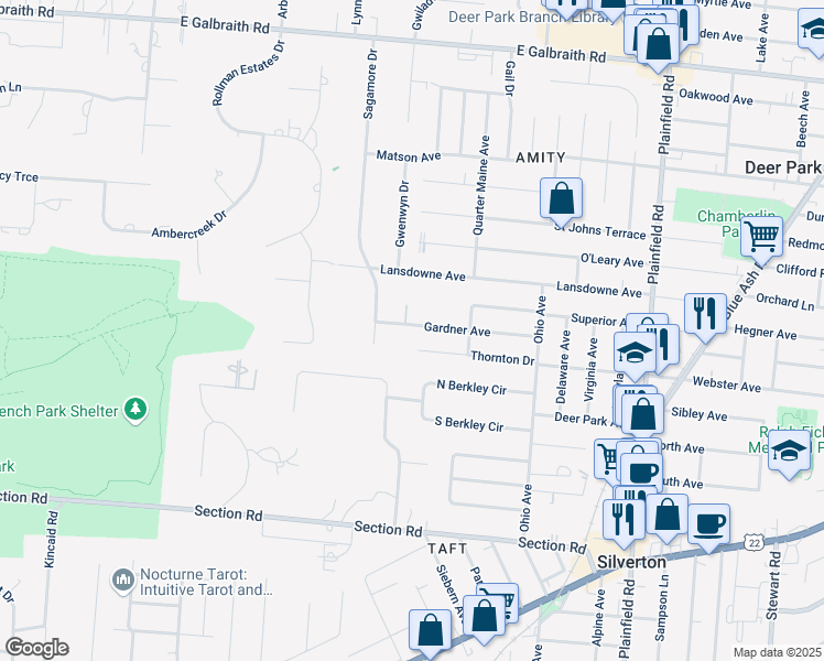 map of restaurants, bars, coffee shops, grocery stores, and more near 3666 Gardner Avenue in Cincinnati