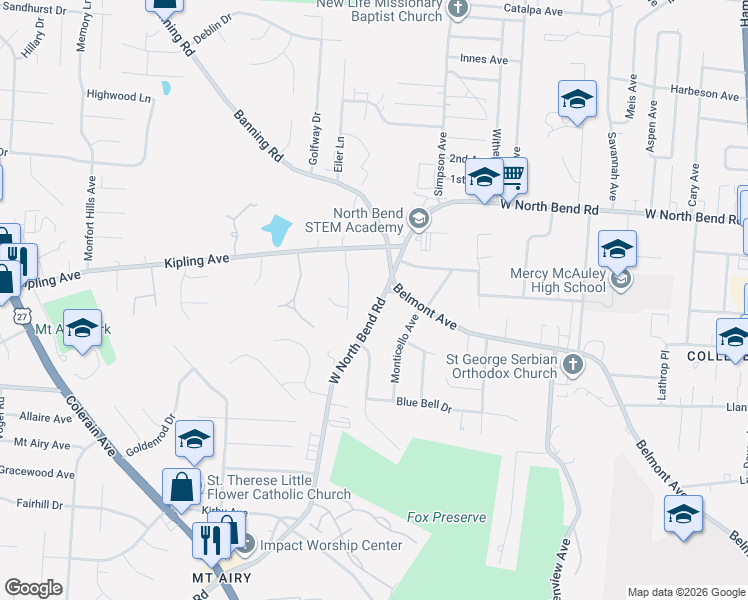 map of restaurants, bars, coffee shops, grocery stores, and more near 2208 West North Bend Road in Cincinnati