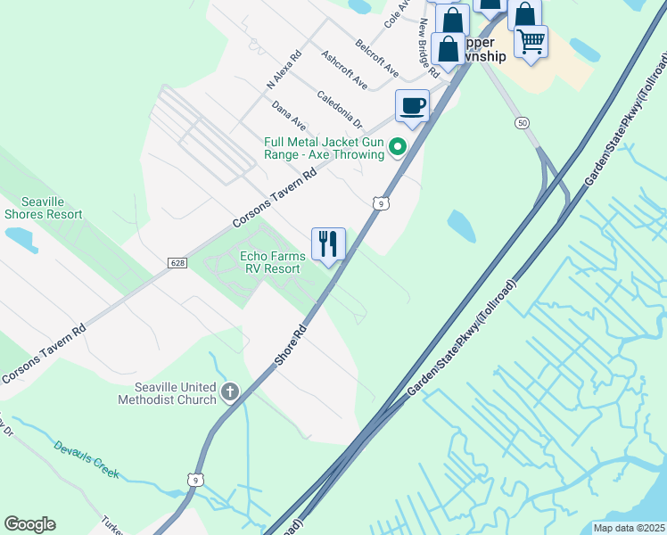 map of restaurants, bars, coffee shops, grocery stores, and more near 3050 Shore Road in Upper Township