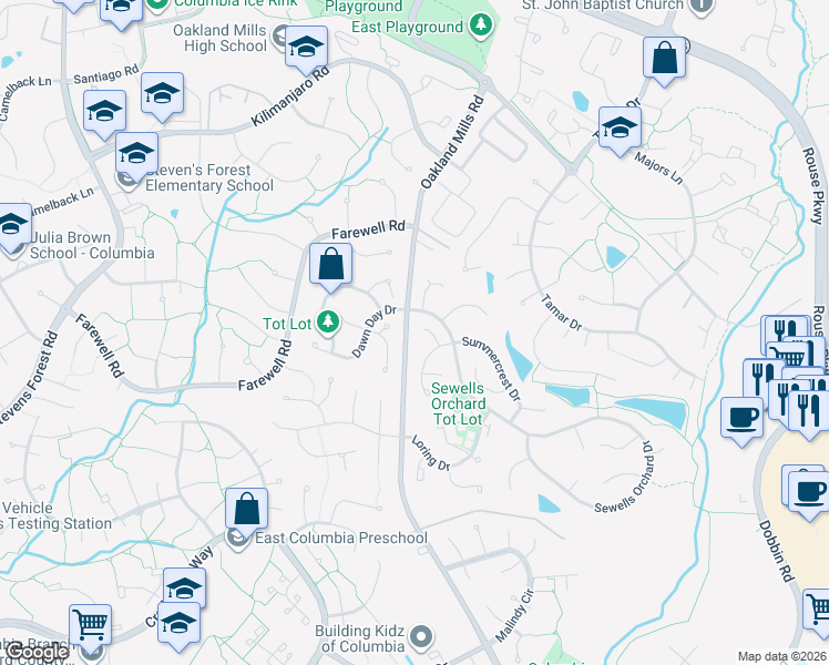 map of restaurants, bars, coffee shops, grocery stores, and more near 6319 Early Glow Court in Columbia