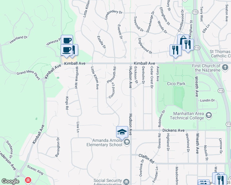 map of restaurants, bars, coffee shops, grocery stores, and more near 1829 Concord Lane in Manhattan