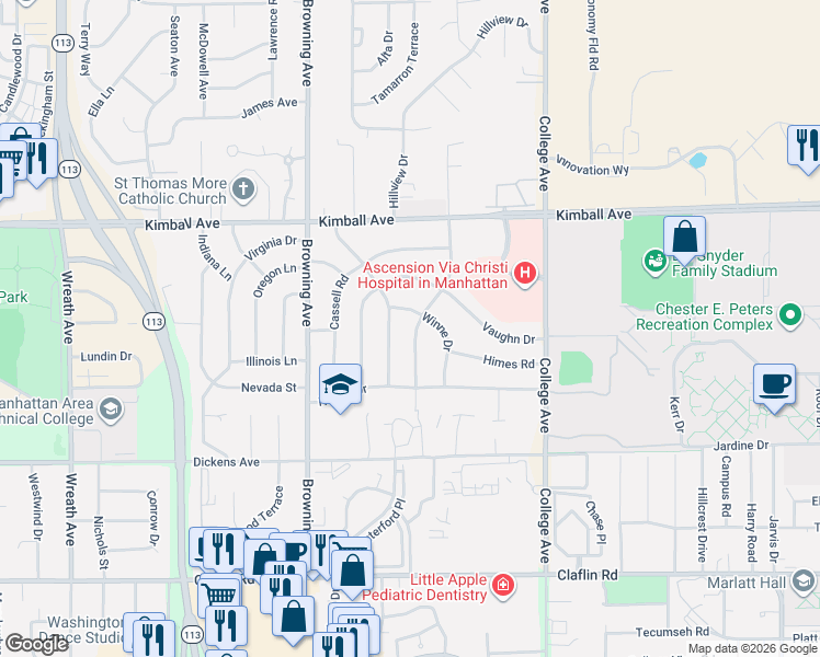 map of restaurants, bars, coffee shops, grocery stores, and more near 1801 Ranser Road in Manhattan