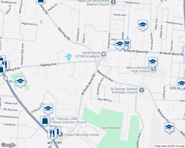 map of restaurants, bars, coffee shops, grocery stores, and more near 2208 West North Bend Road in Cincinnati