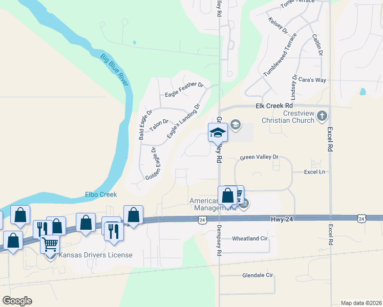 map of restaurants, bars, coffee shops, grocery stores, and more near 3896 Fox Ridge Drive in Manhattan
