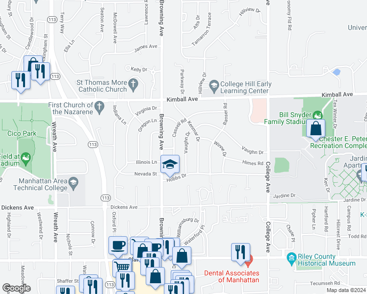 map of restaurants, bars, coffee shops, grocery stores, and more near 1733 Vaughn Drive in Manhattan