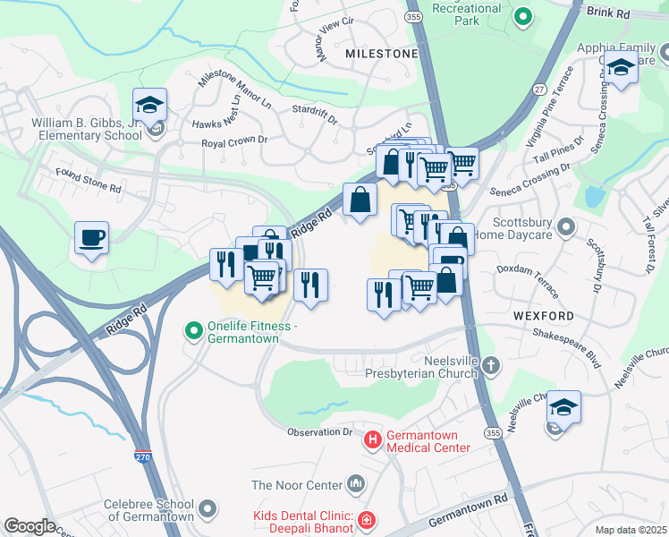 map of restaurants, bars, coffee shops, grocery stores, and more near 20918 North Frederick Road in Germantown