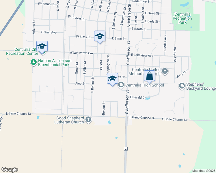 map of restaurants, bars, coffee shops, grocery stores, and more near 849 South Jefferson Street in Centralia