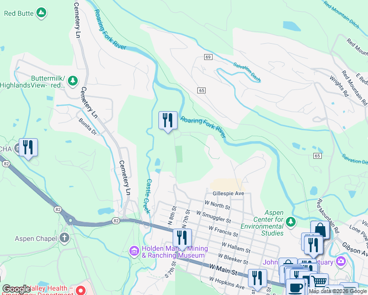 map of restaurants, bars, coffee shops, grocery stores, and more near 811-823 Meadows Road in Aspen