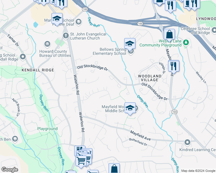 map of restaurants, bars, coffee shops, grocery stores, and more near 6301 Woodcrest Drive in Ellicott City