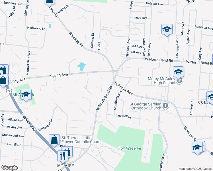map of restaurants, bars, coffee shops, grocery stores, and more near 2208 West North Bend Road in Cincinnati