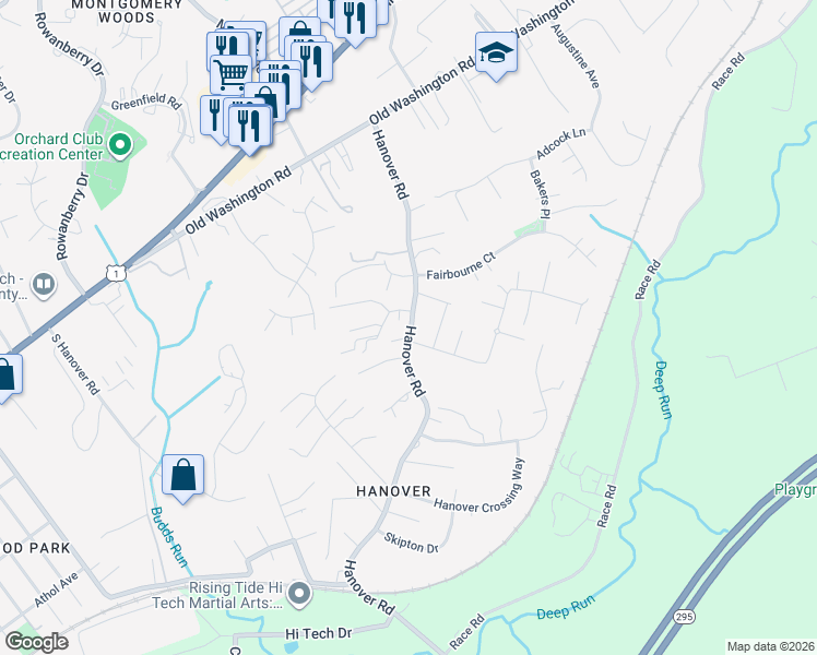 map of restaurants, bars, coffee shops, grocery stores, and more near 6100 Phelps Lane in Hanover