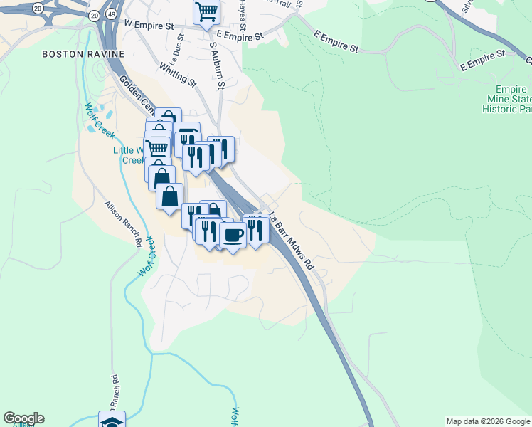 map of restaurants, bars, coffee shops, grocery stores, and more near 824 South Auburn Street in Grass Valley