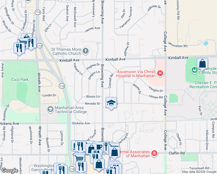 map of restaurants, bars, coffee shops, grocery stores, and more near 1748 Cassell Road in Manhattan