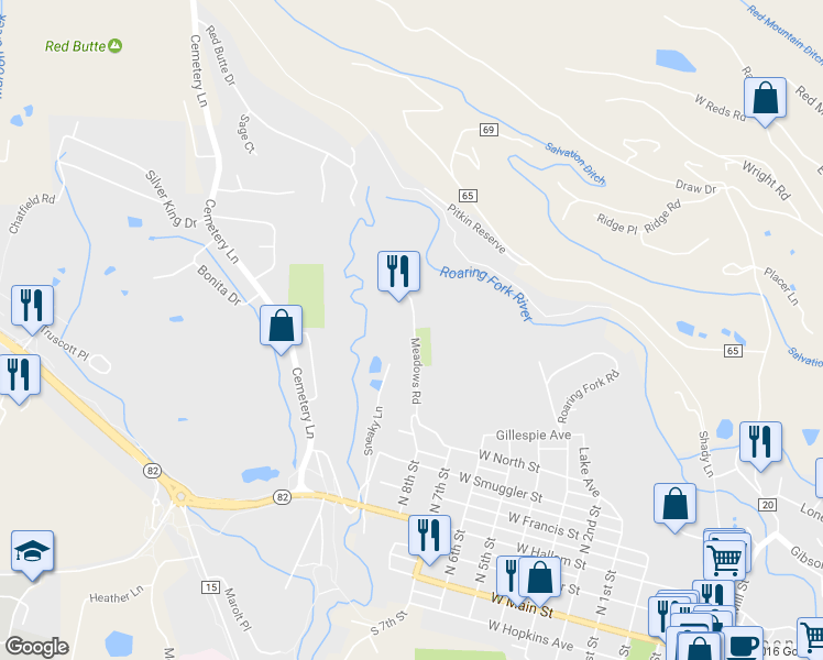 map of restaurants, bars, coffee shops, grocery stores, and more near 811-823 Meadows Road in Aspen