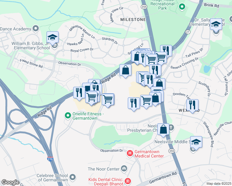 map of restaurants, bars, coffee shops, grocery stores, and more near 20918 Frederick Road in Germantown